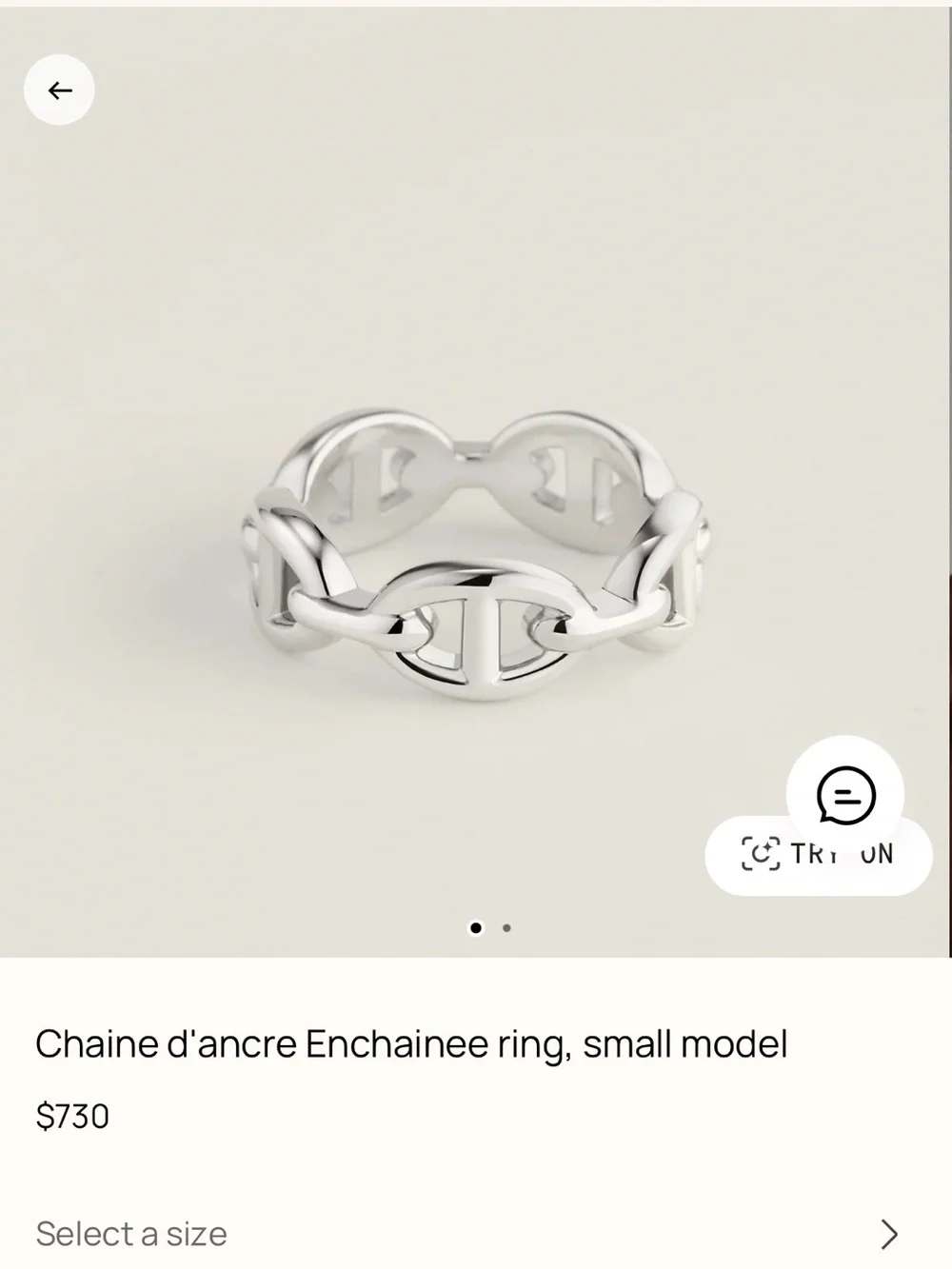 Hermes Chaine d’Ancre Enchainee Small Silver Ring size 58
